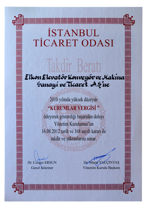 2010 Yılı Kurumlar Vergisi Takdirname Özel Ödülü